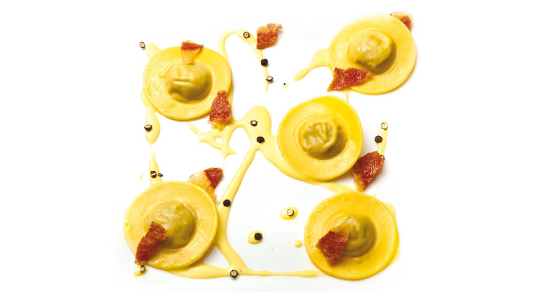 Ravioli di pistacchi Ventura alla carbonara