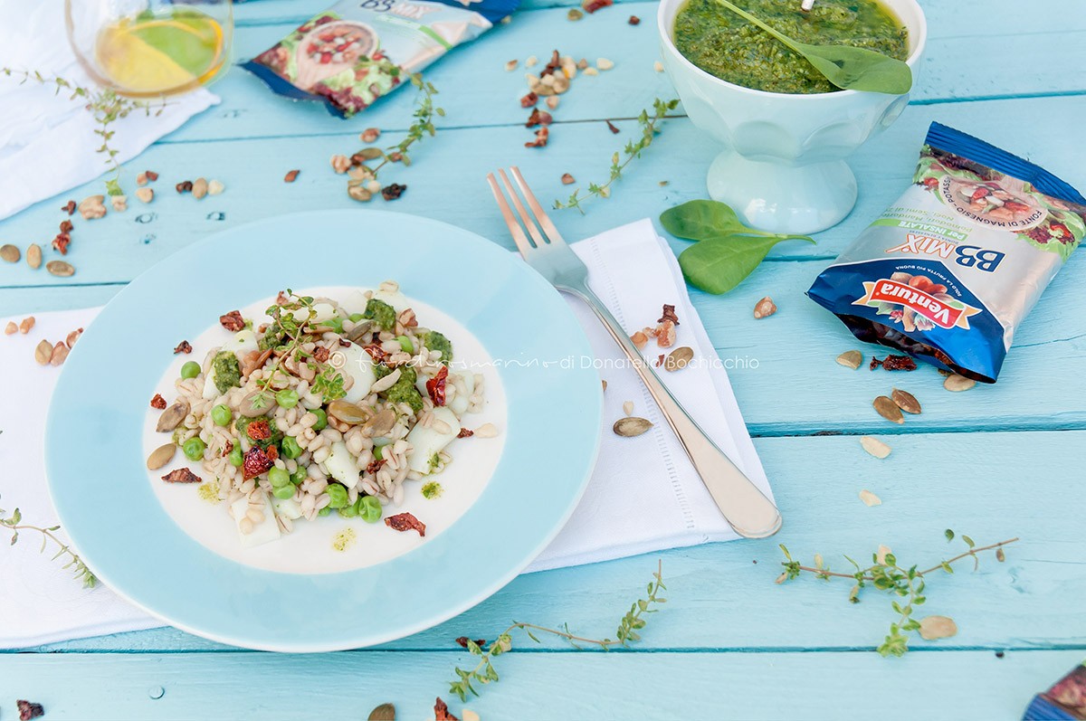 Insalata di orzo con totani, pesto, piselli e BBMix Ventura