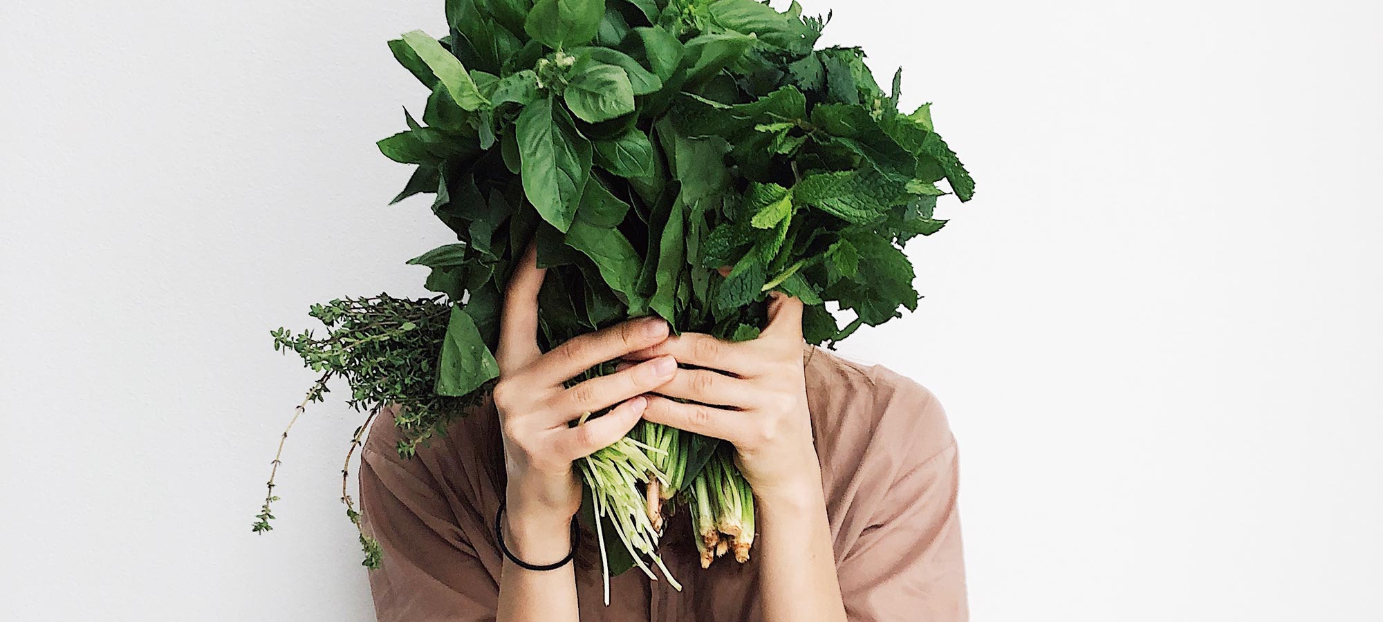 persona che tiene in mano verdure e aromi freschi basilico menta rosmarino timo