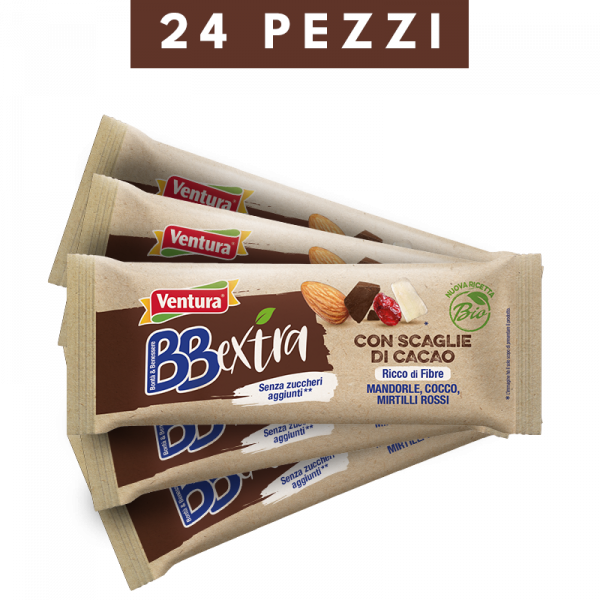 Bio Barretta BBExtra con scaglie di Cacao <span>Mandorle, Cocco, Mirtilli Rossi (24 pezzi)</span>