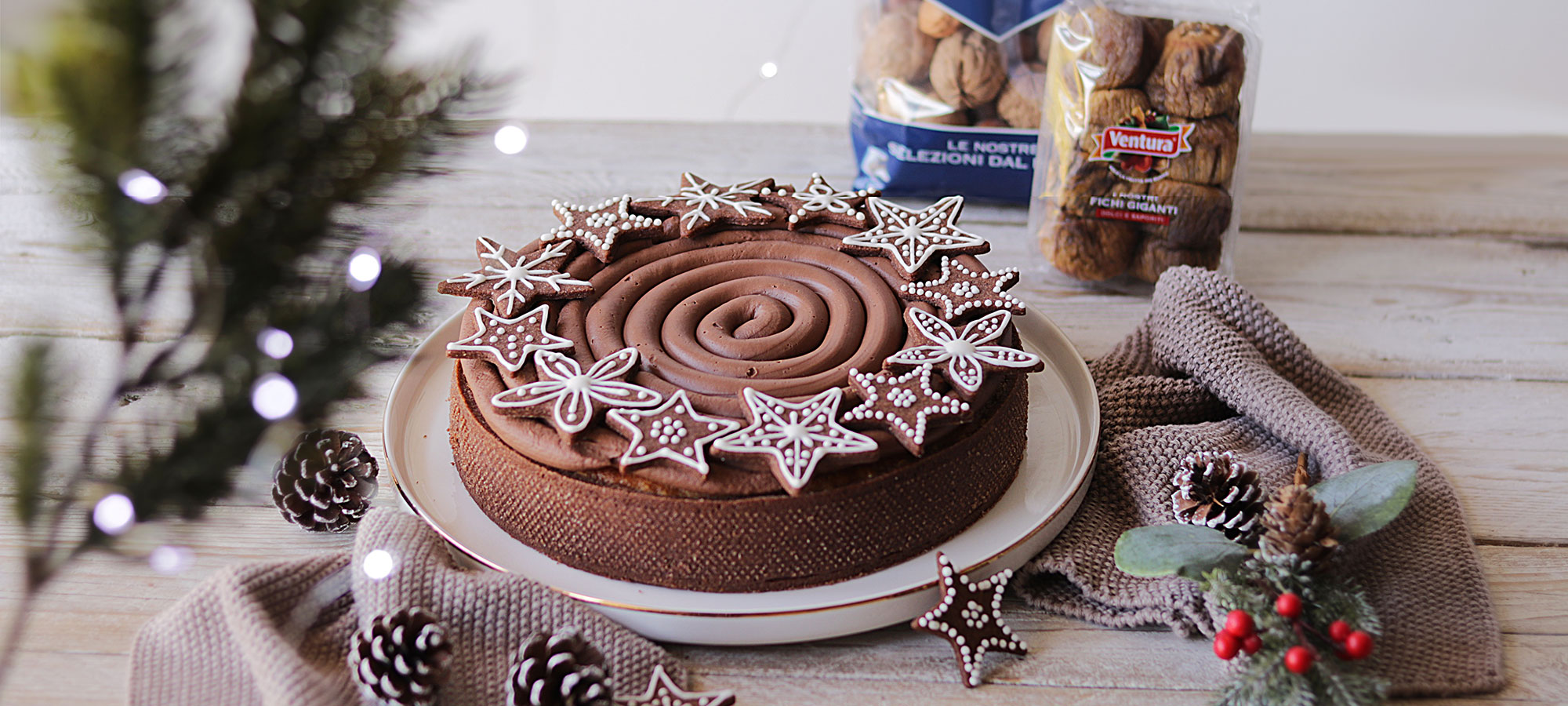 torta crostata cioccolato biscotti stella frutta secca ventura noci in guscio fichi secchi giganti decorazioni natalizie