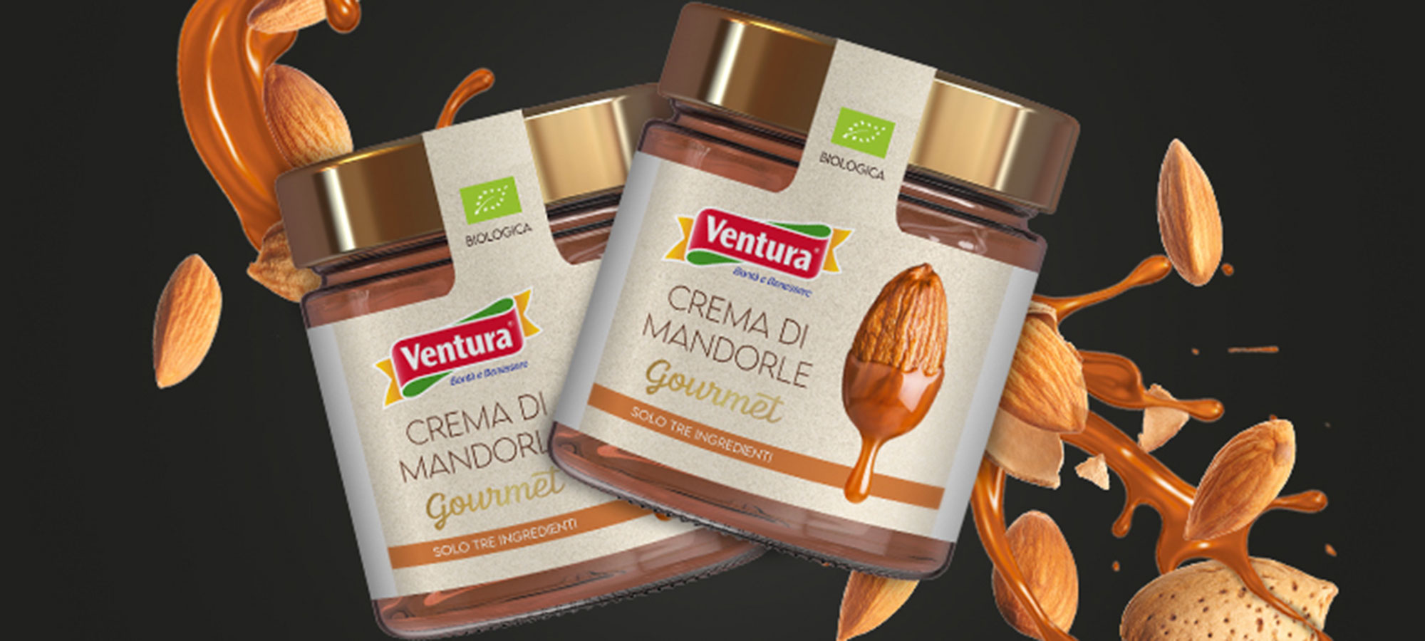 creme spalmabili gourmet ventura in barattolo con mandorle in guscio e sfondo nero