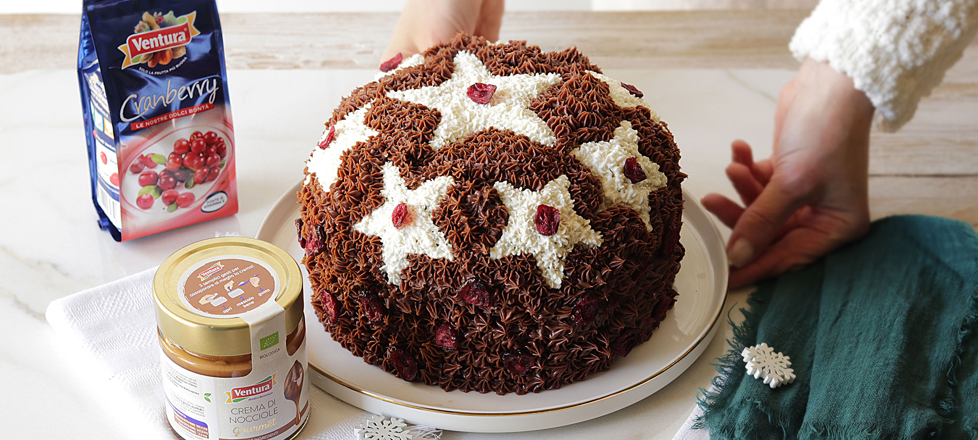 panettone decorato con crema al cioccolato e panna su piatto elegante con mani di donna accanto a cranberry ventura e crema di nocciole bio