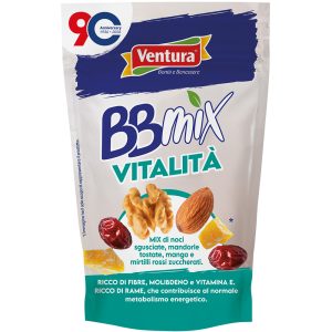 bbmix vitalità mix frutta secca ventura con noci mandorle mango cranberry fonte di vitamina e fibre molibdeno e rame che contribuisce al normale metabolismo energetico con logo 90 anni ventura