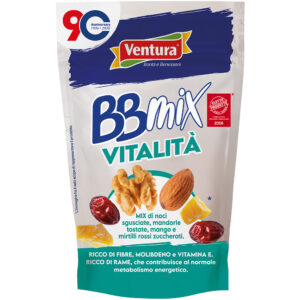 bbmix vitalità mix frutta secca ventura con noci mandorle mango cranberry fonte di vitamina e fibre molibdeno e rame che contribuisce al normale metabolismo energetico con logo 90 anni ventura